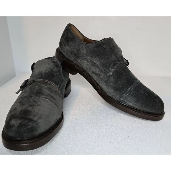 Men Frye James Double Monk Strap Loafers 81123 Sz 8.5 D Gray Suede Cap Toe Shoes - Picture 2 of 12